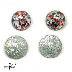 Vintage Clip On Button Earrings 2 Pairs w Confetti Glitter Tiny Stars - Hey Viv